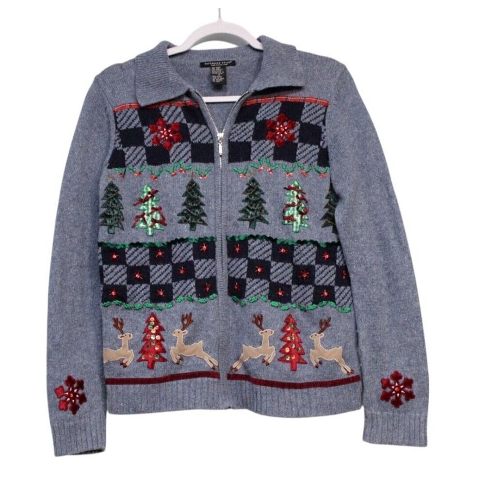 Vintage 90s Holiday Christmas Sweater Small Ramie Wool Zip Embroidered Beaded
